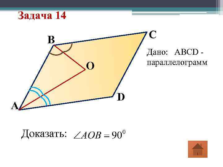 Задача 14 C B Дано: ABCD параллелограмм O D A Доказать: 