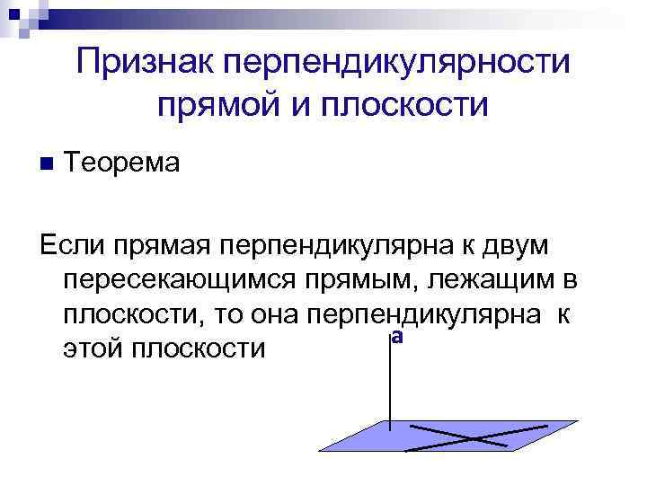 Признак перпендикулярности прямой и плоскости n Теорема Если прямая перпендикулярна к двум пересекающимся прямым,
