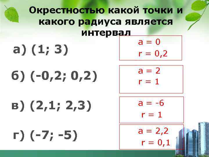 Окрестностью какой точки и какого радиуса является интервал а) (1; 3) а=0 r =