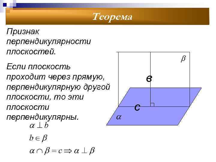 Теорема Признак перпендикулярности плоскостей. Если плоскость проходит через прямую, перпендикулярную другой плоскости, то эти