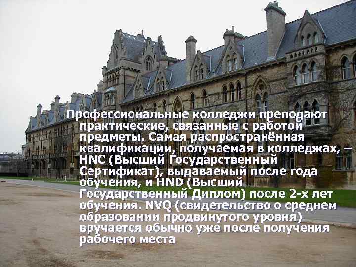 Профессиональные колледжи преподают практические, связанные с работой предметы. Самая распространённая квалификации, получаемая в колледжах,