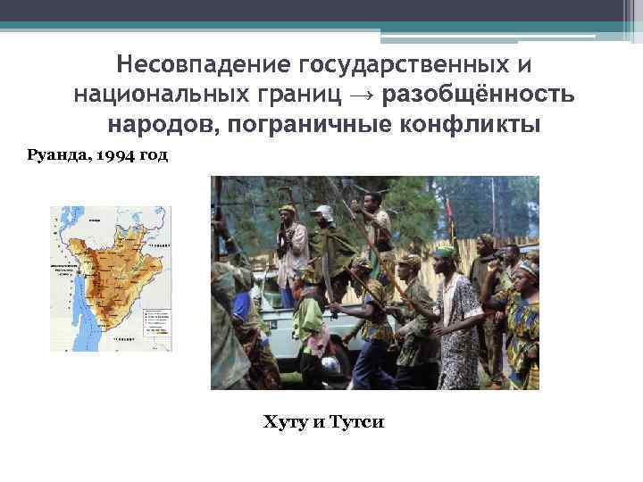 Несовпадение государственных и национальных границ → разобщённость народов, пограничные конфликты Руанда, 1994 год Хуту