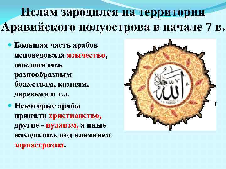 Ислам зародился на территории Аравийского полуострова в начале 7 в. Большая часть арабов исповедовала