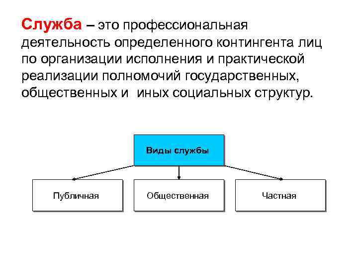 Служба – это профессиональная деятельность определенного контингента лиц по организации исполнения и практической реализации