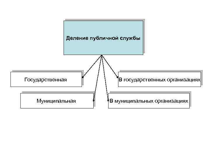 Деление публичной службы Государственная Муниципальная В государственных организациях В муниципальных организациях 