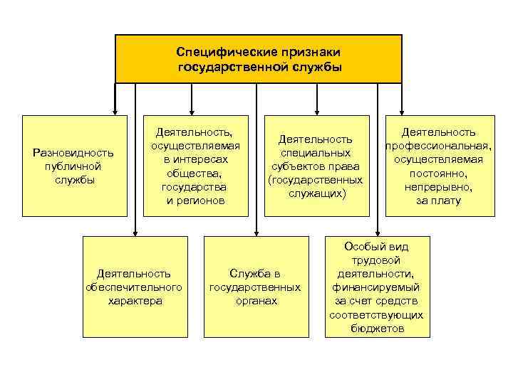 Специфические признаки государственной службы Разновидность публичной службы Деятельность, осуществляемая в интересах общества, государства и