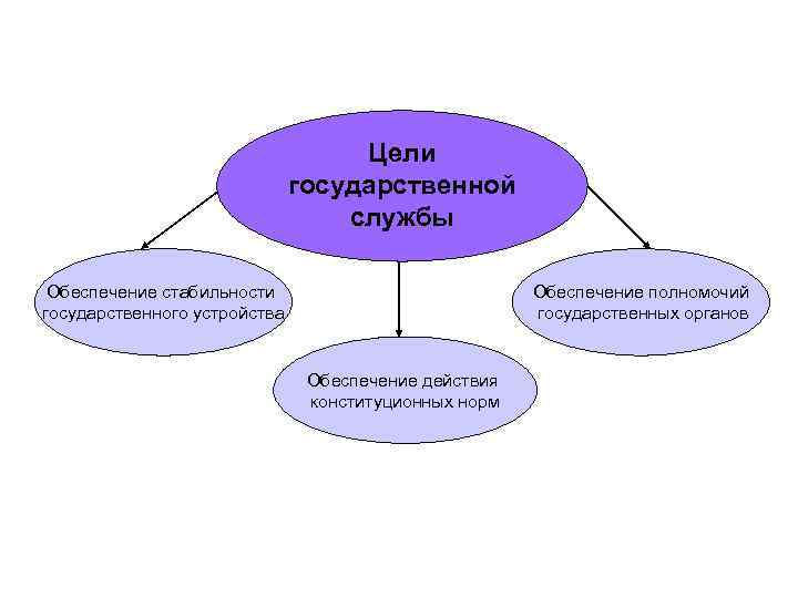 Цели государственной службы Обеспечение стабильности государственного устройства Обеспечение полномочий государственных органов Обеспечение действия конституционных