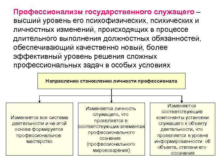 Профессионализм государственного служащего – высший уровень его психофизических, психических и личностных изменений, происходящих в