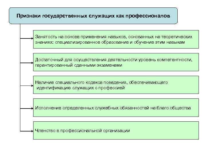 Признаки государственных служащих как профессионалов Занятость на основе применения навыков, основанных на теоретических знаниях: