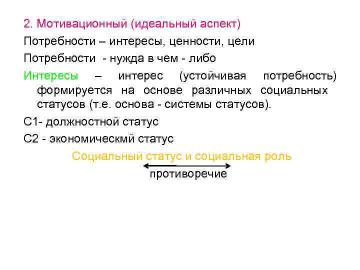 2. Мотивационный (идеальный аспект) Потребности – интересы, ценности, цели Потребности - нужда в чем