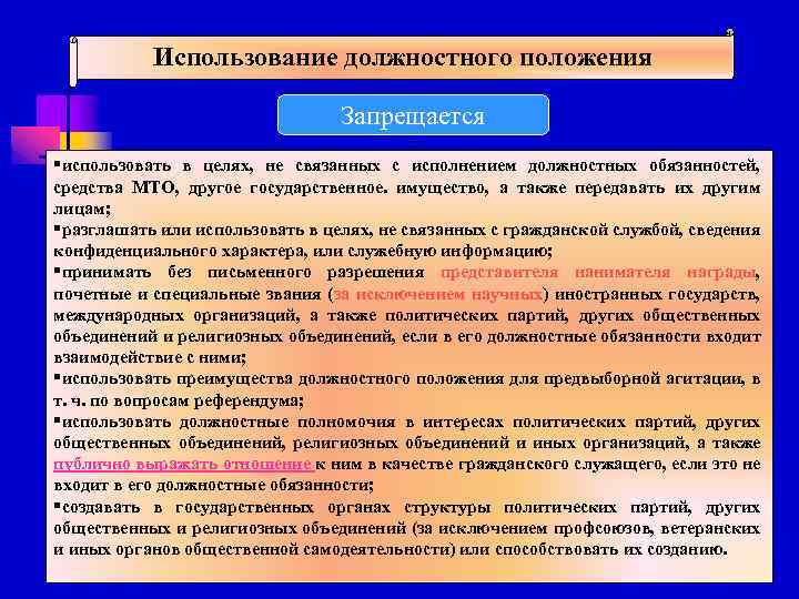 Использование должностного положения Запрещается §использовать в целях, не связанных с исполнением должностных обязанностей, средства