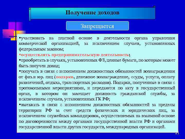 Получение доходов Запрещается §участвовать на платной основе в деятельности органа управления коммерческой организацией, за