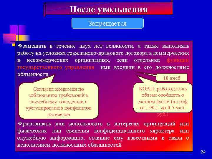 После увольнения Запрещается vзамещать в течение двух лет должности, а также выполнять работу на