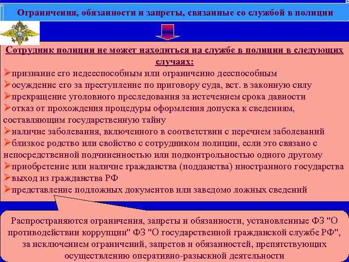 Ограничения, обязанности и запреты, связанные со службой в полиции Сотрудник полиции не может находиться