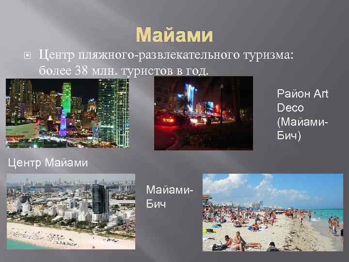 Майами Центр пляжного-развлекательного туризма: более 38 млн. туристов в год. Район Art Deco (Майами.