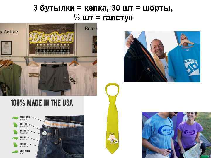 3 бутылки = кепка, 30 шт = шорты, ½ шт = галстук 