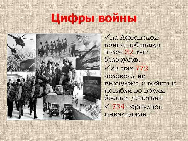 Цифры войны üна Афганской войне побывали более 32 тыс. белорусов. üИз них 772 человека