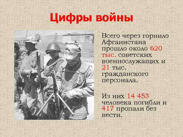 Цифры войны Всего через горнило Афганистана прошло около 620 тыс. советских военнослужащих и 21