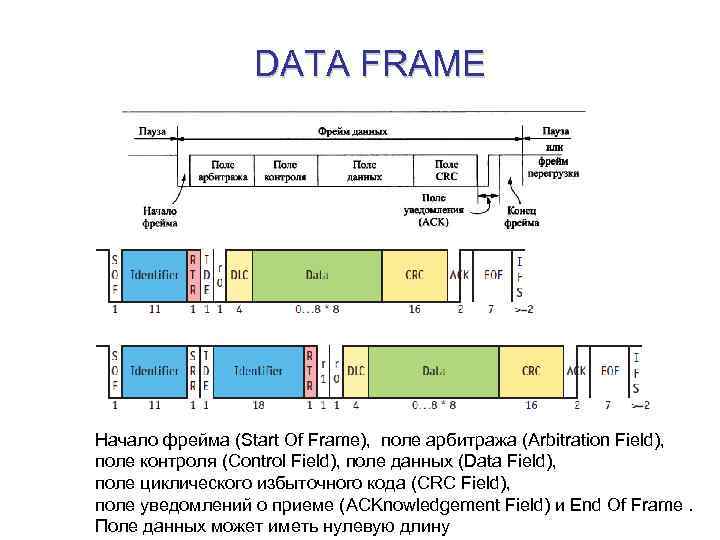 DATA FRAME Начало фрейма (Start Of Frame), поле арбитража (Arbitration Field), поле контроля (Control