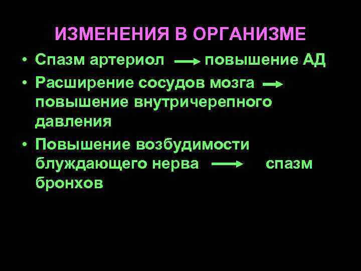 ИЗМЕНЕНИЯ В ОРГАНИЗМЕ • Спазм артериол повышение АД • Расширение сосудов мозга повышение внутричерепного