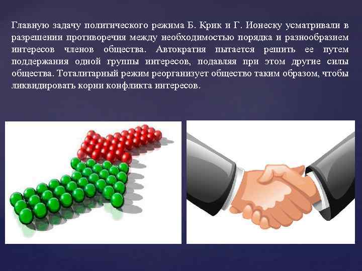 Главную задачу политического режима Б. Крик и Г. Ионеску усматривали в разрешении противоречия между