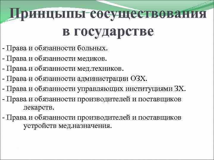 Принцыпы сосуществования в государстве - Права и обязанности больных. - Права и обязанности медиков.