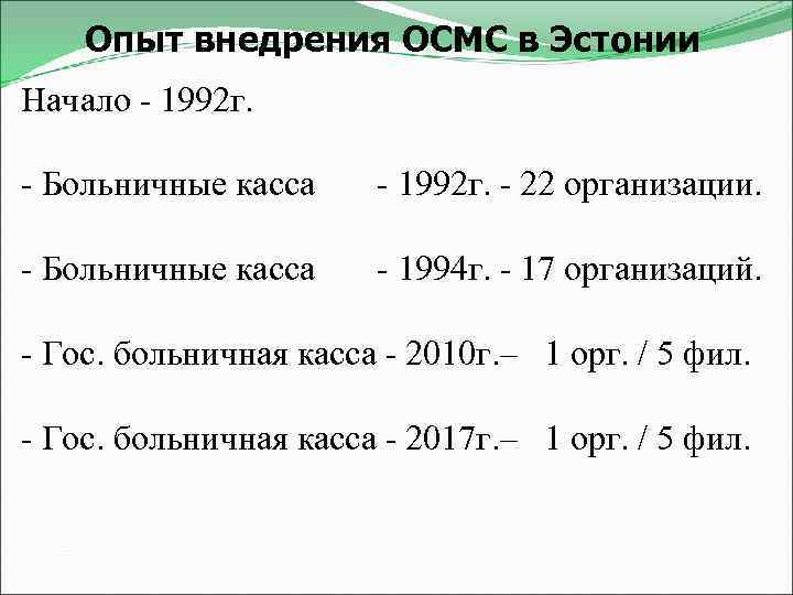 Опыт внедрения ОСМС в Эстонии Начало - 1992 г. - Больничные касса - 1992