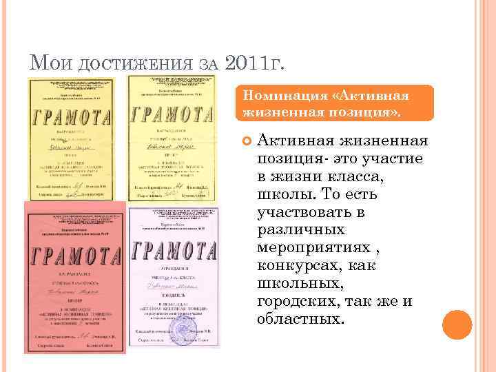 МОИ ДОСТИЖЕНИЯ ЗА 2011 Г. Номинация «Активная жизненная позиция» . Активная жизненная позиция- это
