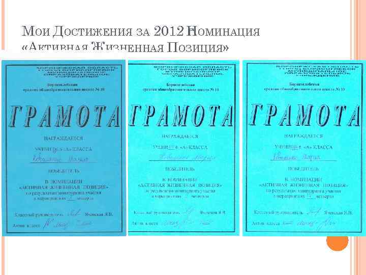 МОИ ДОСТИЖЕНИЯ ЗА 2012 НОМИНАЦИЯ Г. «АКТИВНАЯ ЖИЗНЕННАЯ ПОЗИЦИЯ» 