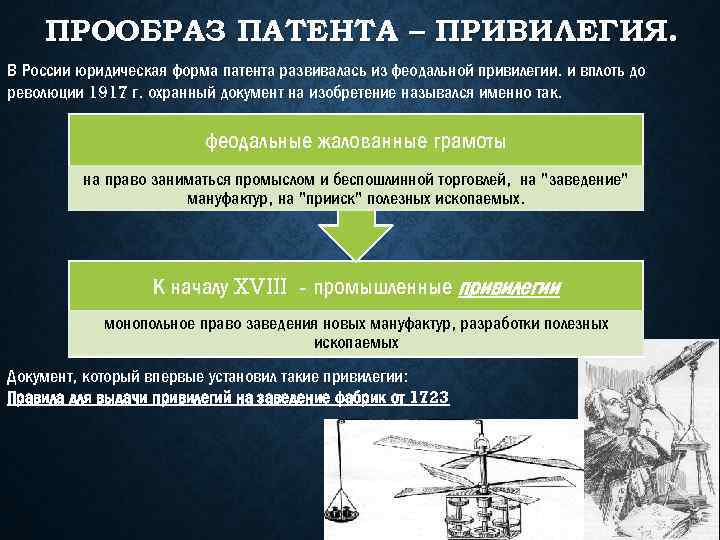 ПРООБРАЗ ПАТЕНТА – ПРИВИЛЕГИЯ. В России юридическая форма патента развивалась из феодальной привилегии. и