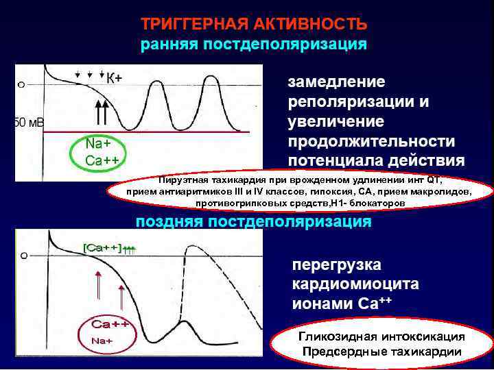 Пируэтная тахикардия при врожденном удлинении инт QT, прием антиаритмиков III и IV классов, гипоксия,
