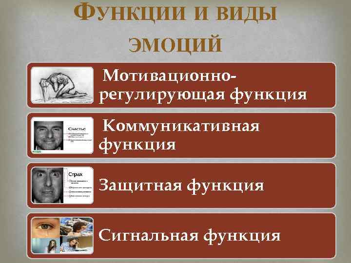 ФУНКЦИИ И ВИДЫ ЭМОЦИЙ Мотивационнорегулирующая функция Коммуникативная функция Защитная функция Сигнальная функция 
