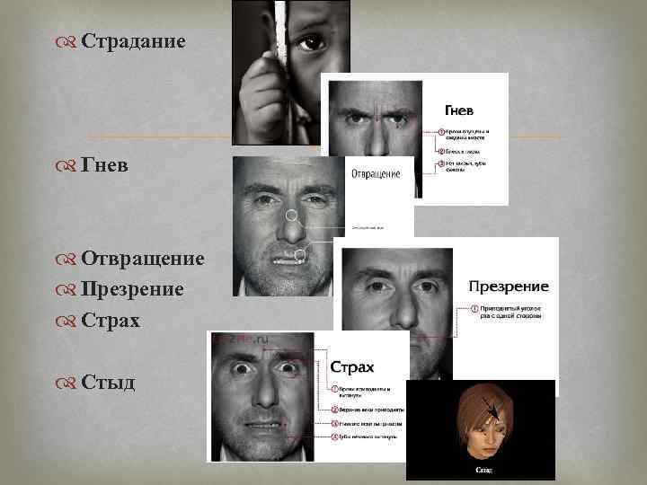  Страдание Гнев Отвращение Презрение Страх Стыд 