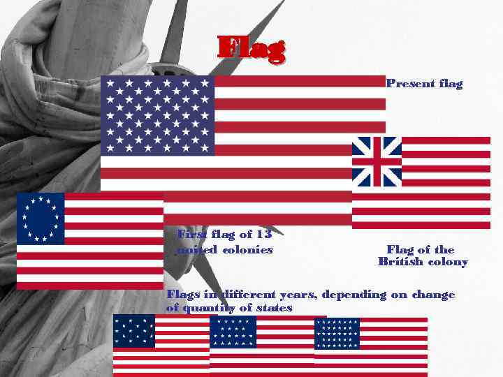 Flag Present flag First flag of 13 united colonies Flag of the British colony