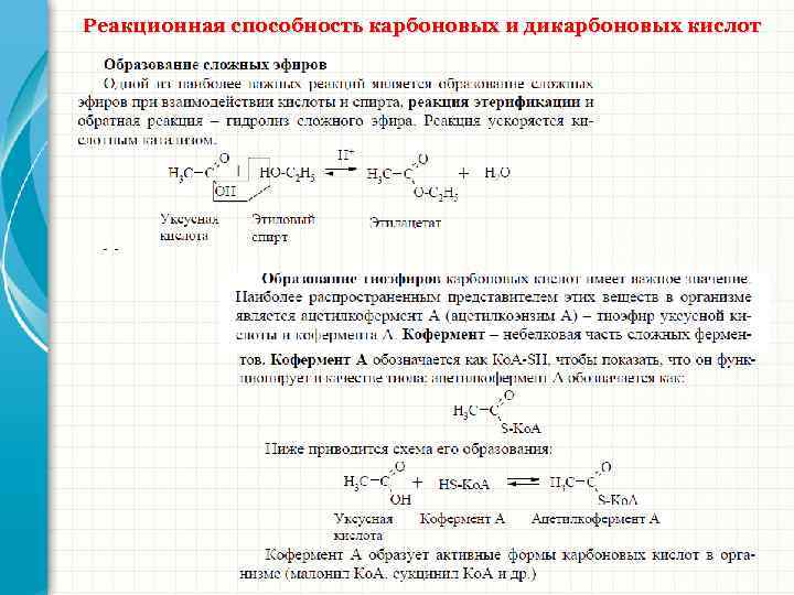 Реакционная способность карбоновых и дикарбоновых кислот 