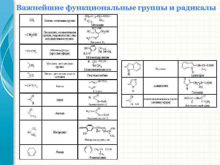 Важнейшие функциональные группы и радикалы 