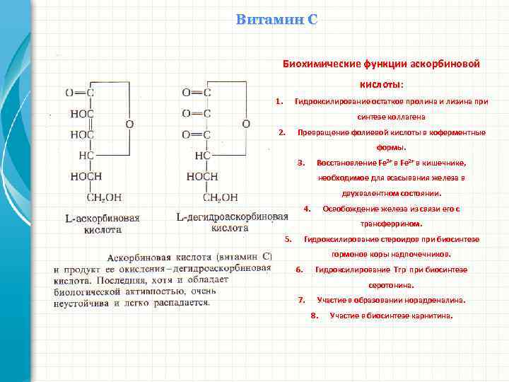 Функции аскорбиновой кислоты