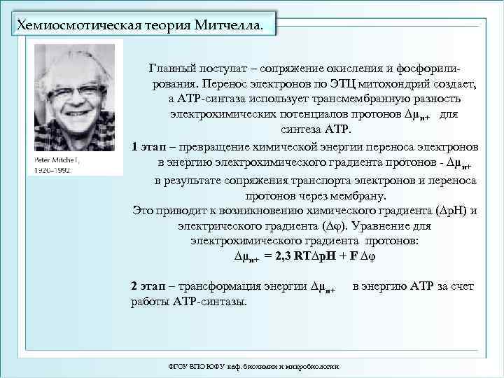 Хемиосмотическая теория Митчелла. Главный постулат – сопряжение окисления и фосфорилирования. Перенос электронов по ЭТЦ