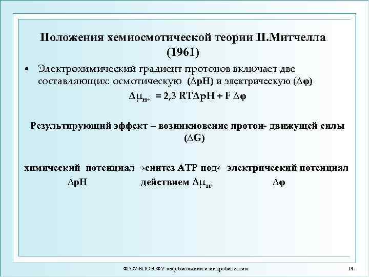 Положения хемиосмотической теории П. Митчелла (1961) • Электрохимический градиент протонов включает две составляющих: осмотическую