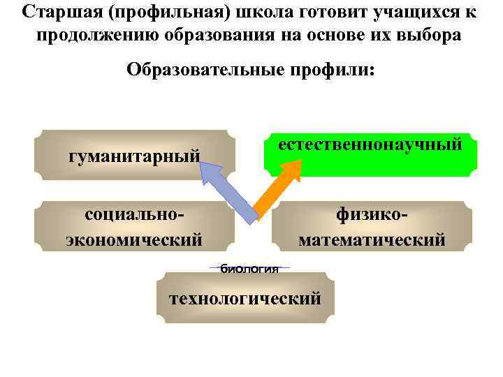 Старшая (профильная) школа готовит учащихся к продолжению образования на основе их выбора Образовательные профили: