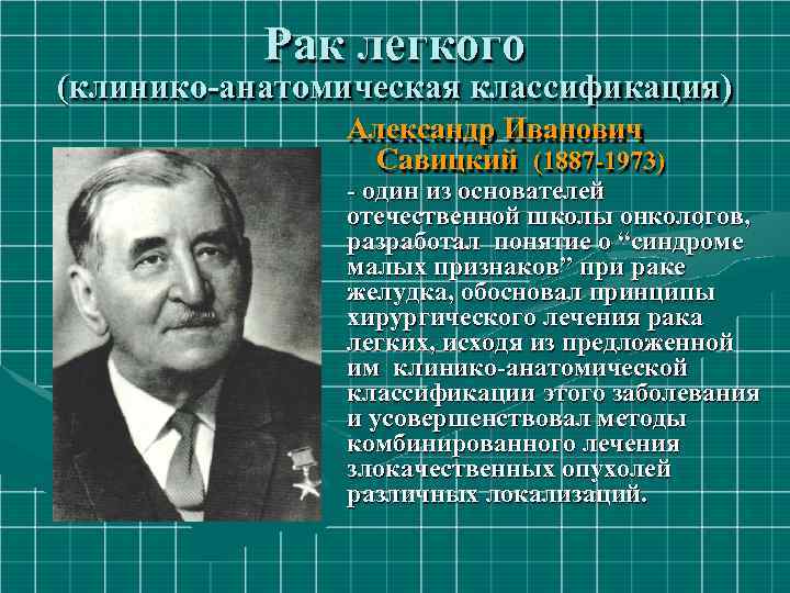 Рак легкого (клинико-анатомическая классификация) Александр Иванович Савицкий (1887 -1973) - один из основателей отечественной