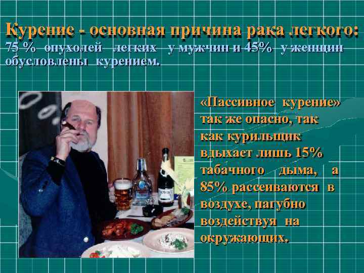 Курение - основная причина рака легкого: 75 % опухолей легких у мужчин и 45%