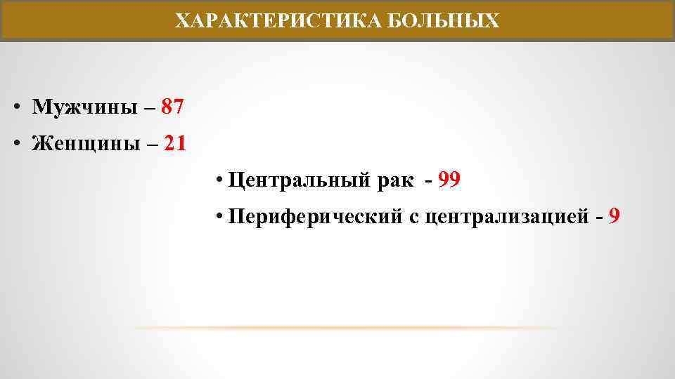 ХАРАКТЕРИСТИКА БОЛЬНЫХ • Мужчины – 87 • Женщины – 21 • Центральный рак -