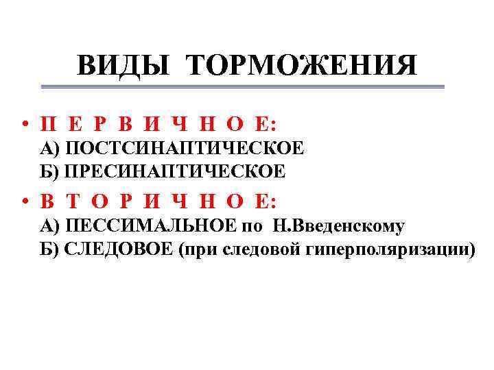 ВИДЫ ТОРМОЖЕНИЯ • П Е Р В И Ч Н О Е: А) ПОСТСИНАПТИЧЕСКОЕ