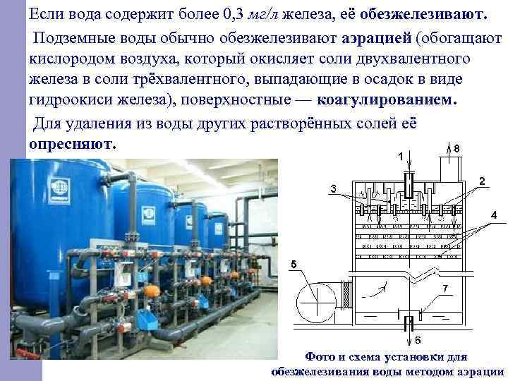 Если вода содержит более 0, 3 мг/л железа, её обезжелезивают. Подземные воды обычно обезжелезивают