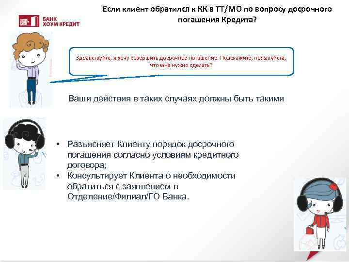 Если клиент обратился к КК в ТТ/МО по вопросу досрочного погашения Кредита? Здравствуйте, я