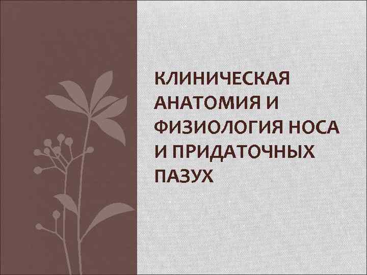 КЛИНИЧЕСКАЯ АНАТОМИЯ И ФИЗИОЛОГИЯ НОСА И ПРИДАТОЧНЫХ ПАЗУХ 