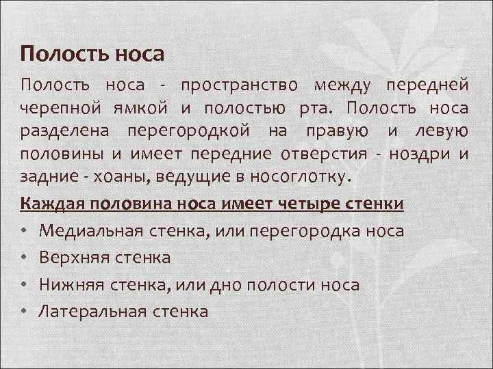 Полость носа - пространство между передней черепной ямкой и полостью рта. Полость носа разделена
