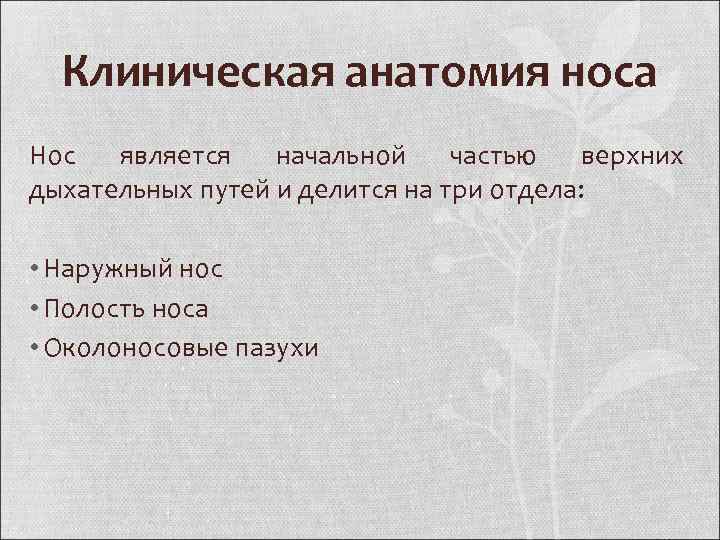 Клиническая анатомия носа Нос является начальной частью верхних дыхательных путей и делится на три
