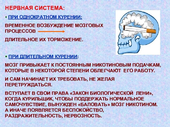 НЕРВНАЯ СИСТЕМА: § ПРИ ОДНОКРАТНОМ КУРЕНИИ: ВРЕМЕННОЕ ВОЗБУЖДЕНИЕ МОЗГОВЫХ ПРОЦЕССОВ ДЛИТЕЛЬНОЕ ИХ ТОРМОЖЕНИЕ. §